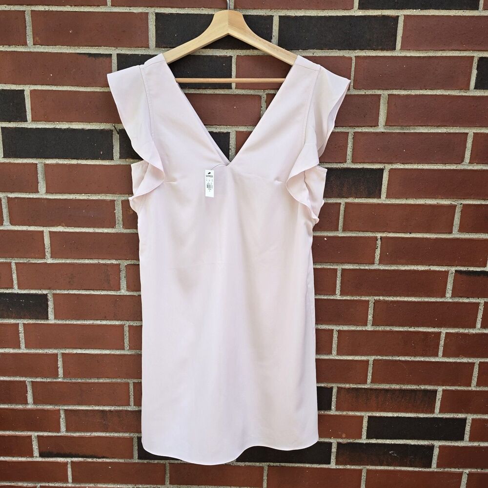 NWT EXPRESS Women's Size Small Pale Pink Lined Dress V-neck Ruffles